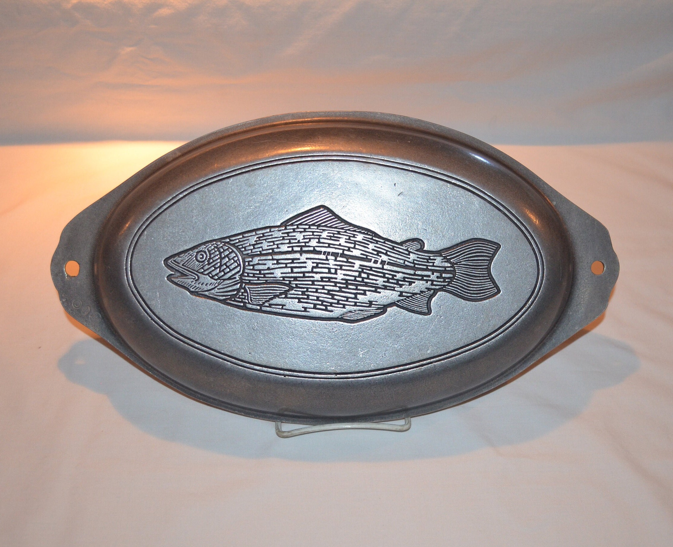 Pewtertone Japanese Fish Tray Platter Solid Wood Metal Head Tail Board  Vintage