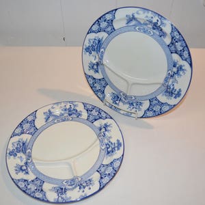 RARE - Booths England Ming - SET of 2 - Divided Plate - Oriental Pattern - White China Blue Transferware - Antique English China - 10 1/2&quot;