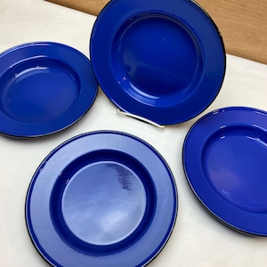 Blue Enamel Bowls 8.75&quot; Diameter Black Edge Trim - SET of 4 - Enamelware Great for Camping and Summer Picnics