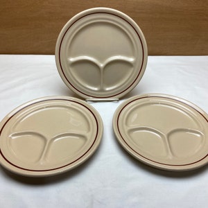 SET of 3 Buffalo China Cafe Divided Grill Plates Tan with Brown Stripe Band Diner China Railroad Restaurant Ware Made in USA