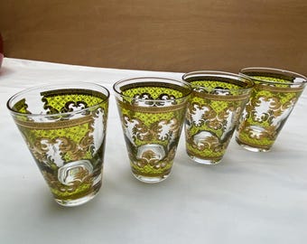 Georges Briard Gold Lattice Swirls Green Accent SET of 4 Glassware 6 oz. Whiskey Rock Glasses