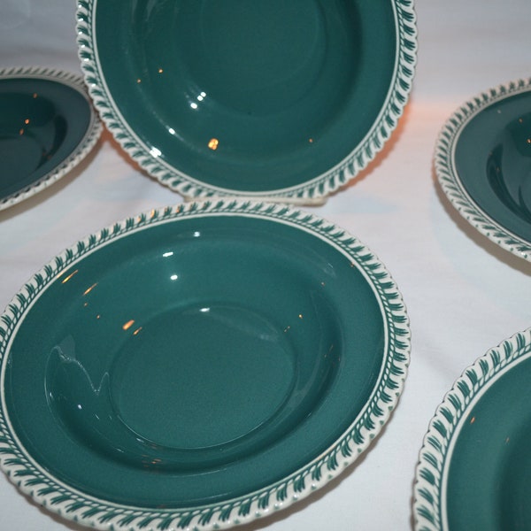 SET of 6 - Large Soup Bowls 8.25" - Harkerware Pate Sur Pate - Chesterton Corinthian Pattern - Gadroon White Scalloped Edge Dark Teal Green