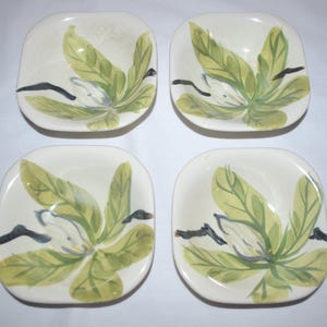 Red Wing Berry SET of 4 Fruit Dessert BOWLS 5.25&quot; Square with Curved Corner Magnolia Green Chartreuse Leaves Great PATINA