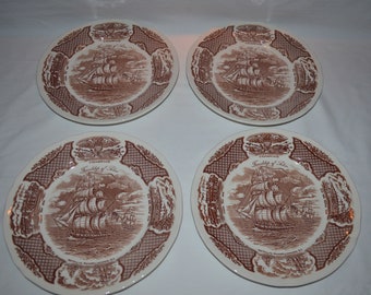 Fair Winds - SET of 4 Dinner Plates - 10 5/8" Diameter - Friendship of Salem - Brown Transfer Ware - Alfred Meakin Staffordshire China