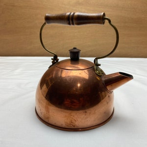 Vintage Tea Kettle Revere Ware Copper Clad Wood and Brass Handle with Lid Rome NY