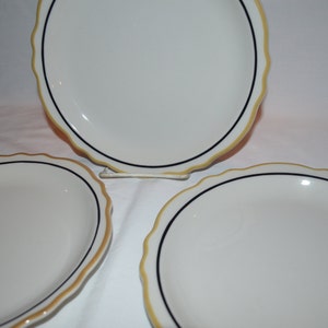 SET of 3 - Dorado Pattern - 9.25&quot; Dinner Plates - Homer Laughlin China - White China Scalloped Edge - Gold Black Rim