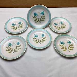 Franciscan Ware Tulip Time SET of 6 Bread and Butter Dessert Plates 6 5/8&quot; 1970s California China Blue Green Colors