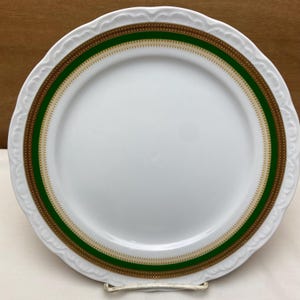SET of 4 Mitterteich Bavaria Dinner 9 5/8&quot; Plates Green Band with Gold Geometric Trim German China