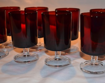 Cavalier - 4 oz. Juice Wine Glass - SET of 8 - Excellent Condition - Royal Ruby Red Glass - Clear Glass Stem - Luminarc Durand France