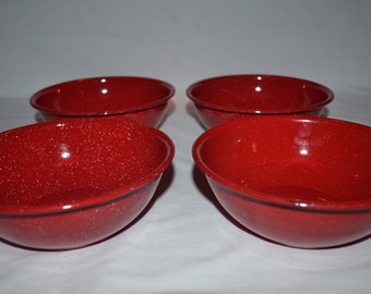 SET of 4 Cereal Soup Bowls RED Enamel with White Speckling 6.25 inch diameter - Enamelware Spatterware - Great for Camping Picnics