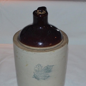 Antique Western Half 1/2 Gallon Stoneware Jug - Maple Leaf Stamp - Two-Tone Brown White - Whiskey Moonshine Shoulder Jug - Great PATINA