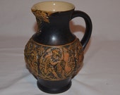 Wine Making Grapevine Pitcher - Unique Brown Pottery - Stamped 242 - Beautiful Raised Relief of Renaissance Winemakers Wine Casks Barrels