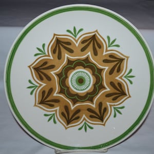 SET of 2 Dinner Plates 10&quot; Diameter Royal China Cavalier Ironstone Middlebury Pattern Green Brown Mid Century Modern MCM