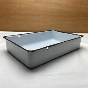 Vintage White Enamelware Short Pan Black Trim Fridge Refrigerator Container Medical Military Apothecary Bathroom Kitchen