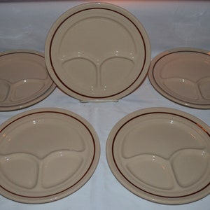 SET of 5 Buffalo China Cafe Divided Grill Plates Tan with Brown Stripe Band Diner China Railroad Restaurant Ware Made in USA