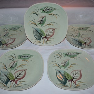 Orient Ware Verano - SET of 5 - Square 10 1/2&quot; Dinner Plate - Soft Mint Green with Colorful Leaf Pattern - Hand Painted - Made in Japan