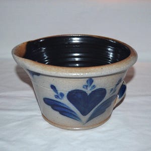 Rowe Pottery Works Batter Bowl Heart Artwork Cambridge WI Date Stamp 1987 Salt Glaze Pottery Blue Glaze Accents