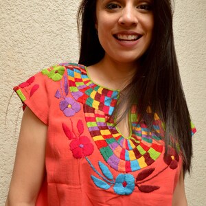 Magia Mexica | B074 Oaxacan Women Embroidered Handmade Blouse Mexican Short Sleeve