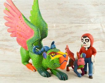 Handskuren Alebrije-skulptur i kopalträ | Handmålad Oaxaca-folkkonst (set i två delar)