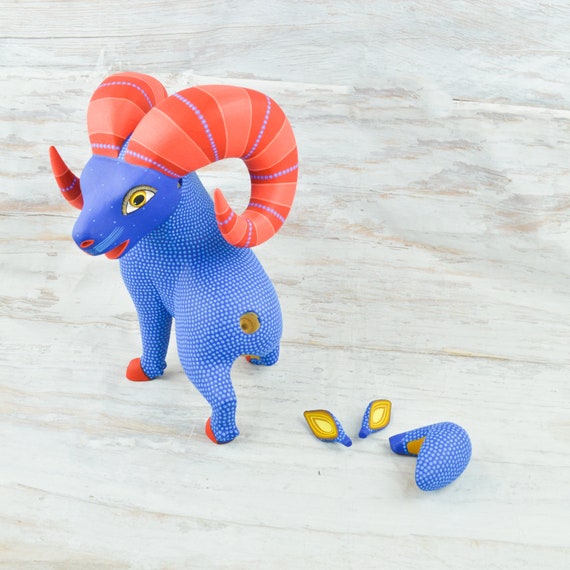 Ram Alebrije Sculpture | Hand Carved Copal Wood Folk Art, Oaxaca