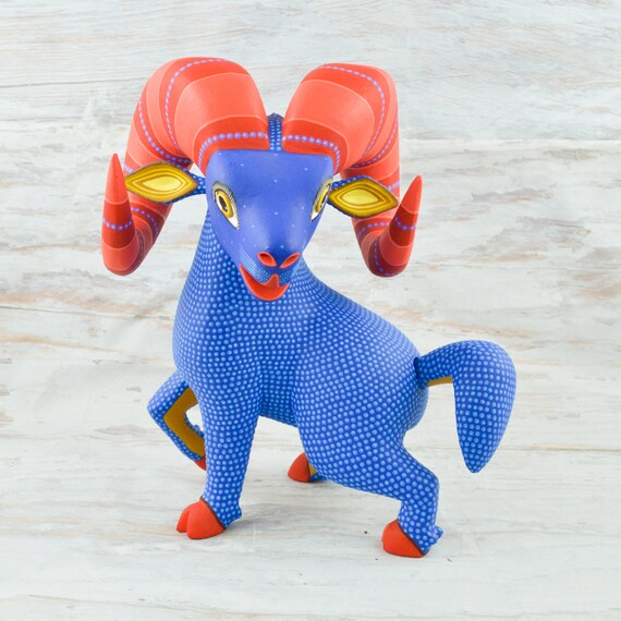 Ram Alebrije Sculpture | Hand Carved Copal Wood Folk Art, Oaxaca