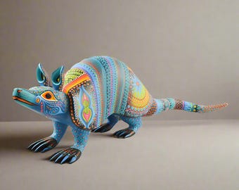 May include: A blue armadillo figurine with intricate colorful patterns and designs. The figurine is made of wood and is hand-painted.