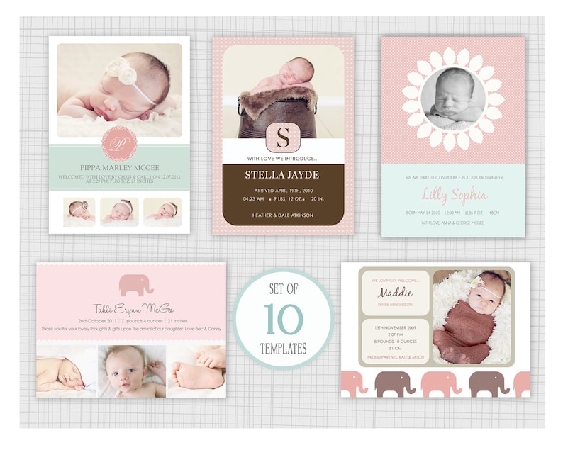 Mini Pack 10. Mixed designs 10 PSD Birth Announcement Templates INSTANT DOWNLOAD