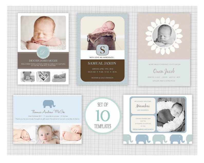 Mini Pack 10. Mixed designs 10 PSD Birth Announcement Templates INSTANT DOWNLOAD