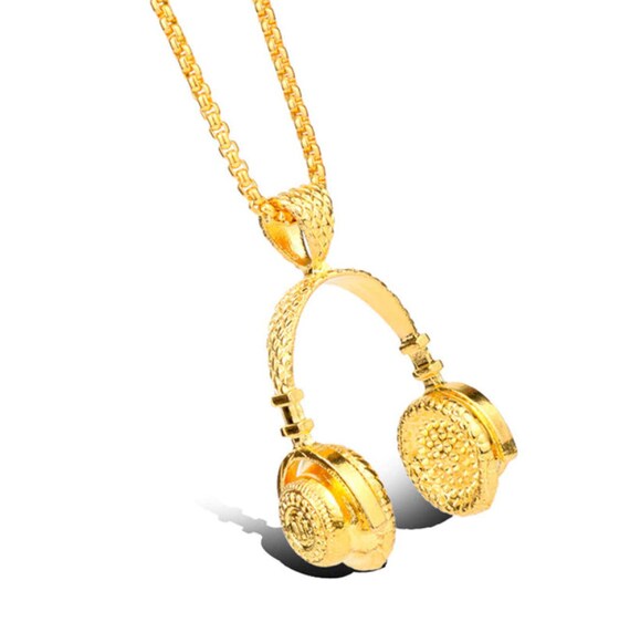 Over-ear Headphones GOLD Plated Necklace Music Ear Buds Speakers