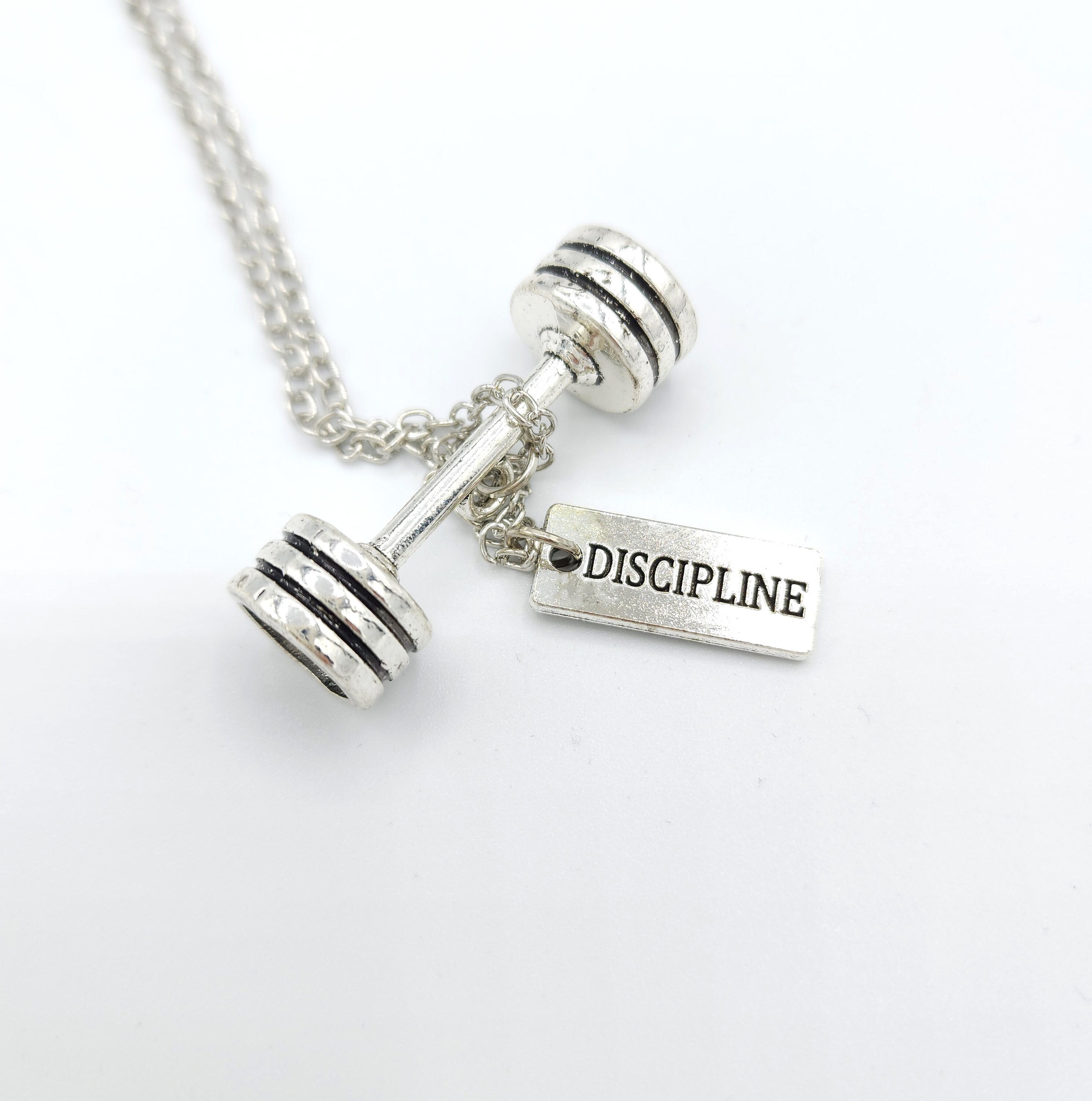 Barbell Discipline SILVER Pendant Necklace Gift Box Fitness Weight