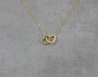 Double Heart [GOLD] Plated Necklace, Dainty Charm Fashion Pendant Two Twin Love, Gift Box Dual Lovely Trendy Jewelry