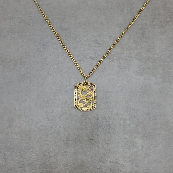 Dragon Square Pendant [GOLD] Plated Necklace, Chinese Mythology Good Luck Asian Eastern Belief Symbolism Power Courage Protection