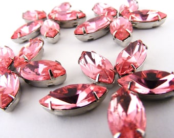 Pink Rose Montee Sew On Rhinestones Navettes Marquis Vintage 15mm x 7mm Lot of 20