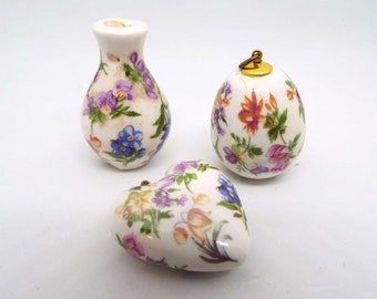 Ceramic Floral Pendants Set of 3 Heart, Vase, and Egg