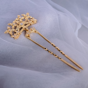 Silver Hair Accessories, Sterling Silver Hairpiece, Silver Hair Fork, Flower Motif, Gold Plated 18K, Wedding Hair Jewelry, Bridal Hai Stick