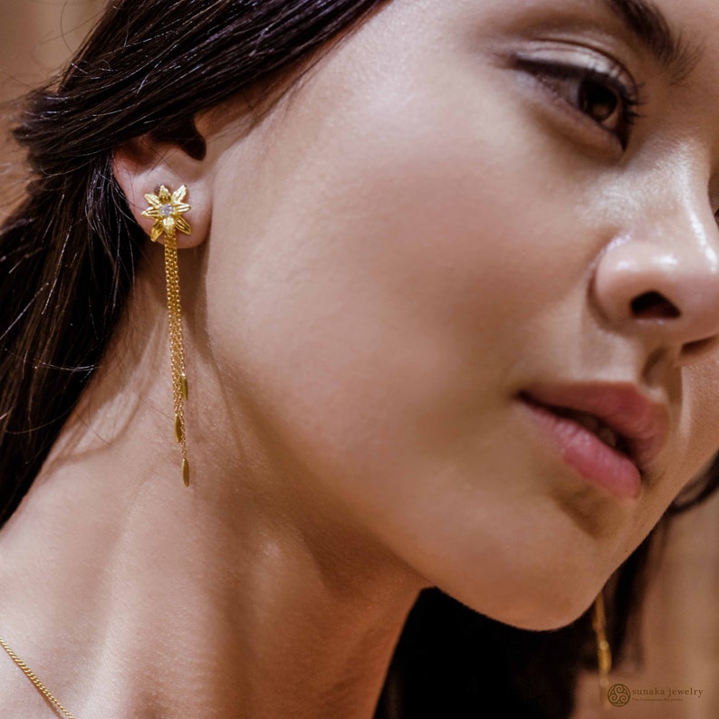 Silver 925 Asoka Dainty Drop Earring Gold Plated 18K Sunaka Jewelry Gift Traditional Earrings Handmade Jewelry
