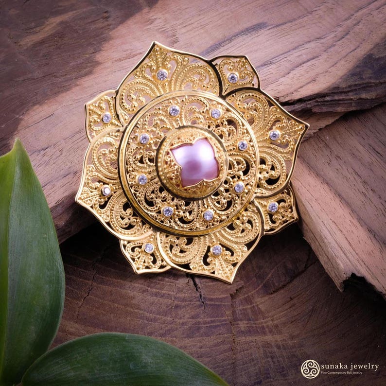 Balinese Jewelry Pure Mabe Pearl Gold Over Sterling Silver Padma Acala Mabe Brooch Balinese Brooch 925 Sterling Silver