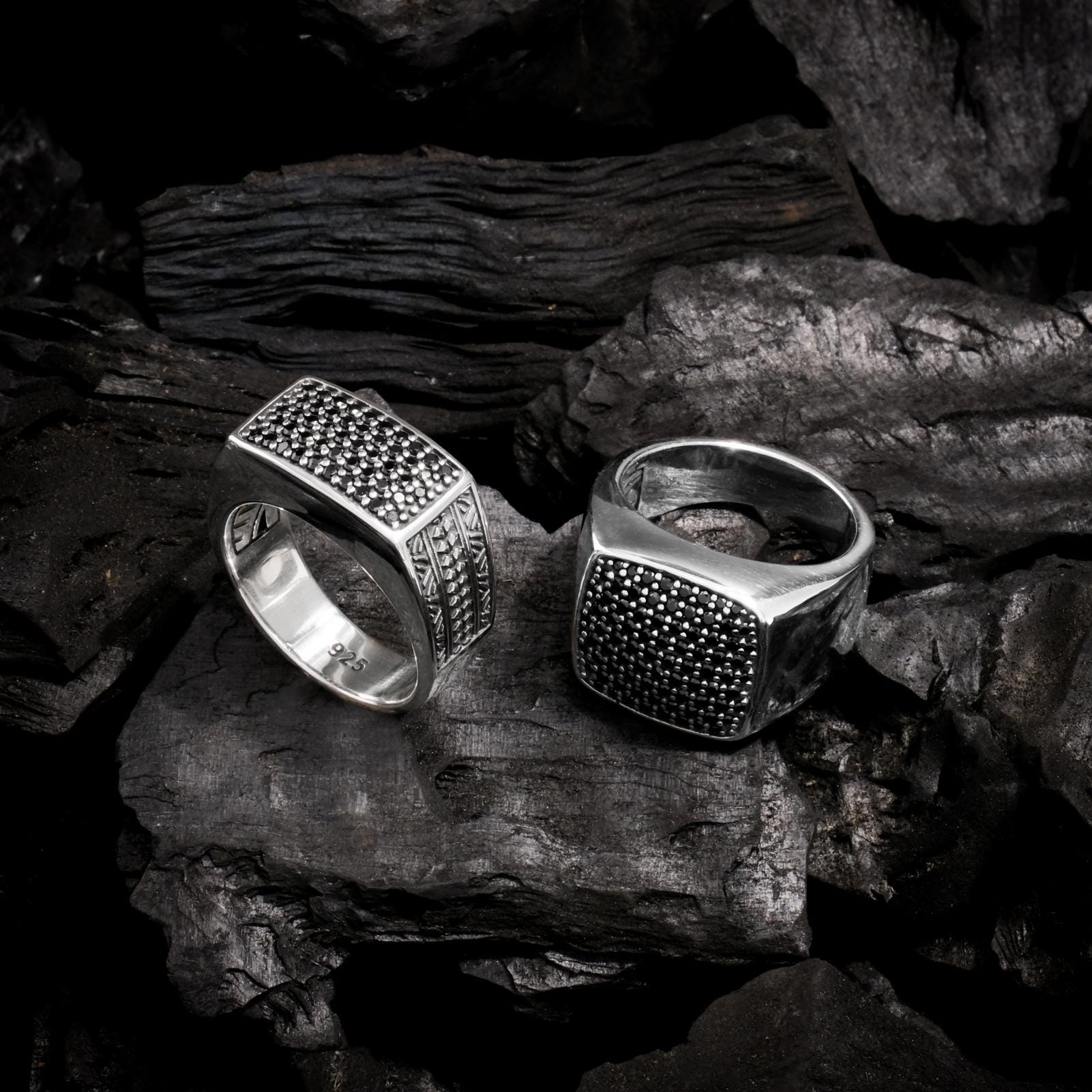 Maori Puhoro Sterling Silver Signet Ring: Black Zirconia