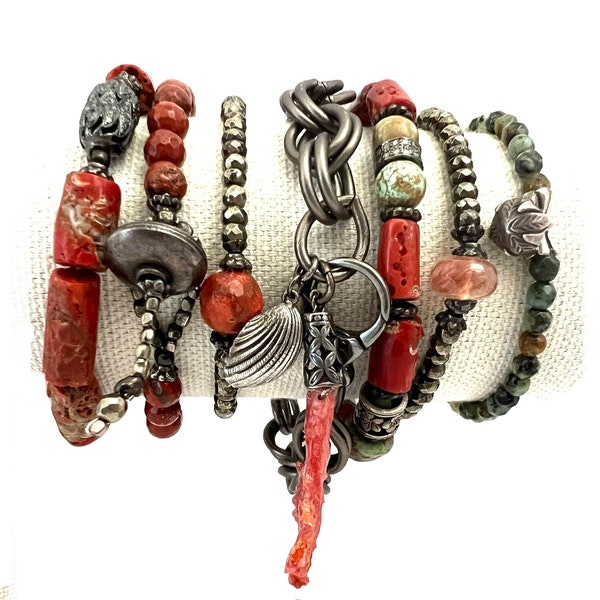 Boho Red Coral Artisan Bracelets/Earthy Organic Beaded Bracelets/Beach Bracelet Stack/Sold Seperately/Prices Vary