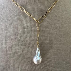 Baroque Teardrop Pearl Necklace, Keshi Pearl Pendant Lariat Style, 14k Gold Filled Chain & Pearl Necklace, Artisan Pearl Necklace