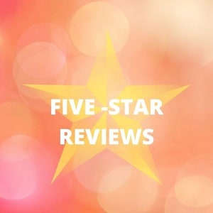 May include: A yellow five-pointed star on a pink and orange background with the text "FIVE-STAR REVIEWS" in white.