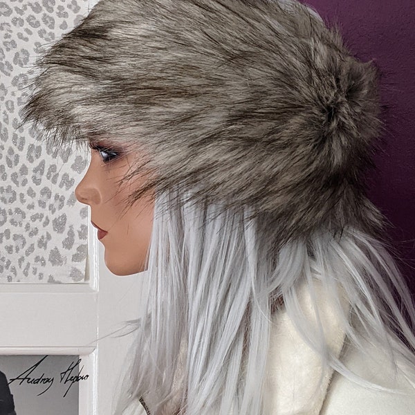 Grey Faux Fur Headband in Shades of the Grey Wolf with Spiky Black Tips