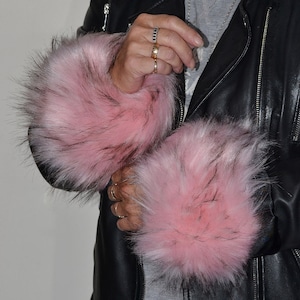 Pink Fur Wrist Warmers in Pink Long Haired Silky Soft Faux Fur with Black Tips