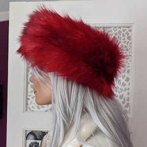 Gorgeous Long Haired Luxury Red Faux Fur Headband with Black Tips