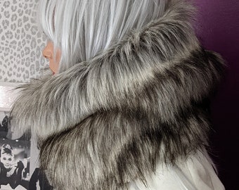 Grey Fur Neck Scarf Snood in Luxurious 60mm Grey Wolf Faux Fur with Black Tips