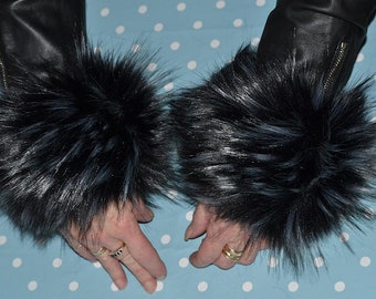 Black & Grey Fur Wrist Warmers in Black Long Haired Silky Soft Faux Fur with Grey Tips