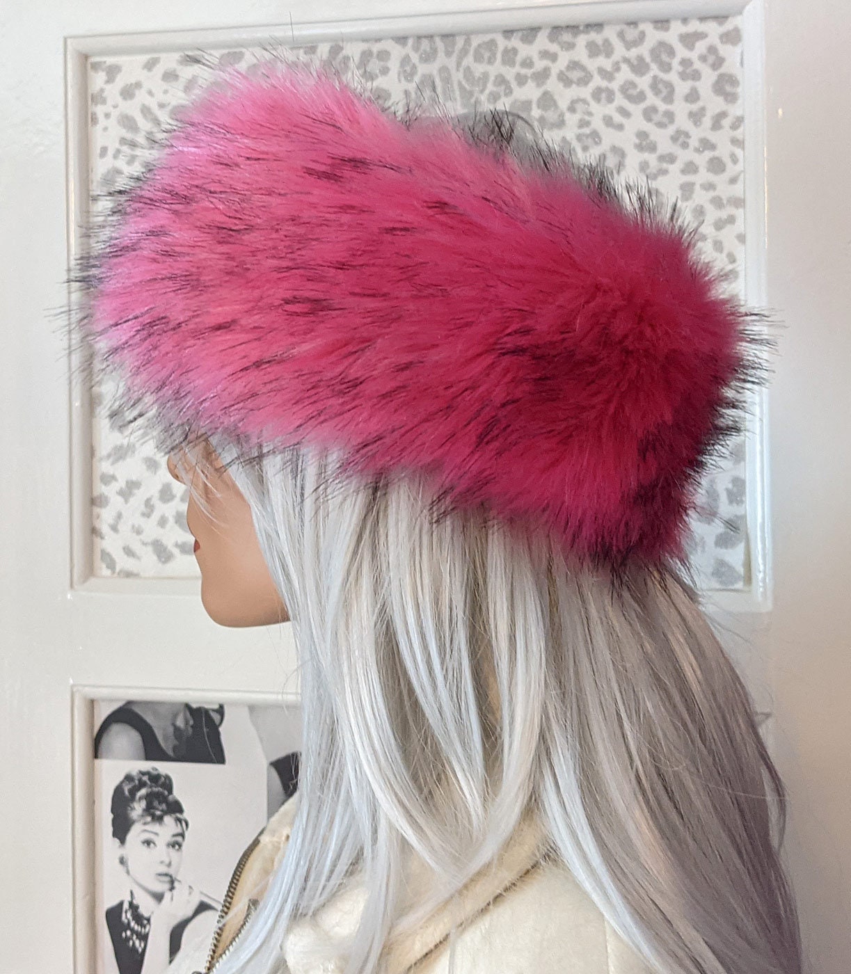 Pink Faux Fur Headband / Headwarmer With Subtle Black Tips  display picture 1
