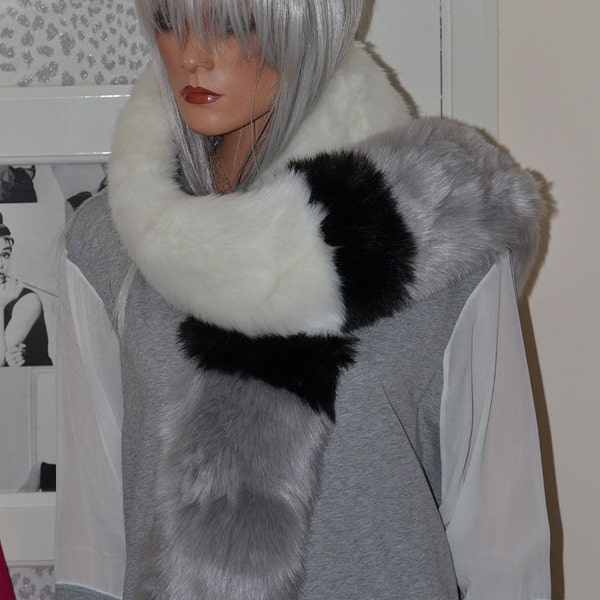 Three Colour White and Grey Faux Fur Scarf with Black Stripes