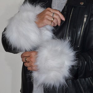 Fluffy White Fur Wrist Cuffs in Silky Soft Long Haired White Faux Fur