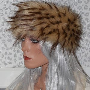 Gorgeous Long Haired Luxury Beige Faux Fur Headband with Spiky Brown Tips